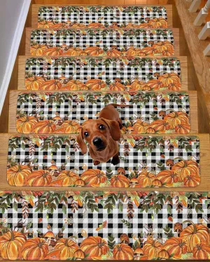 Fall Stair Treads Non Slip Indoor Stair Runner Set of 10 Carpet Stair Treads for Wooden Steps 30"x8" Autumn Pumpkin Mushtoom Leaf Check Black White Stair Carpet Treads for Dog, Kid, Elder