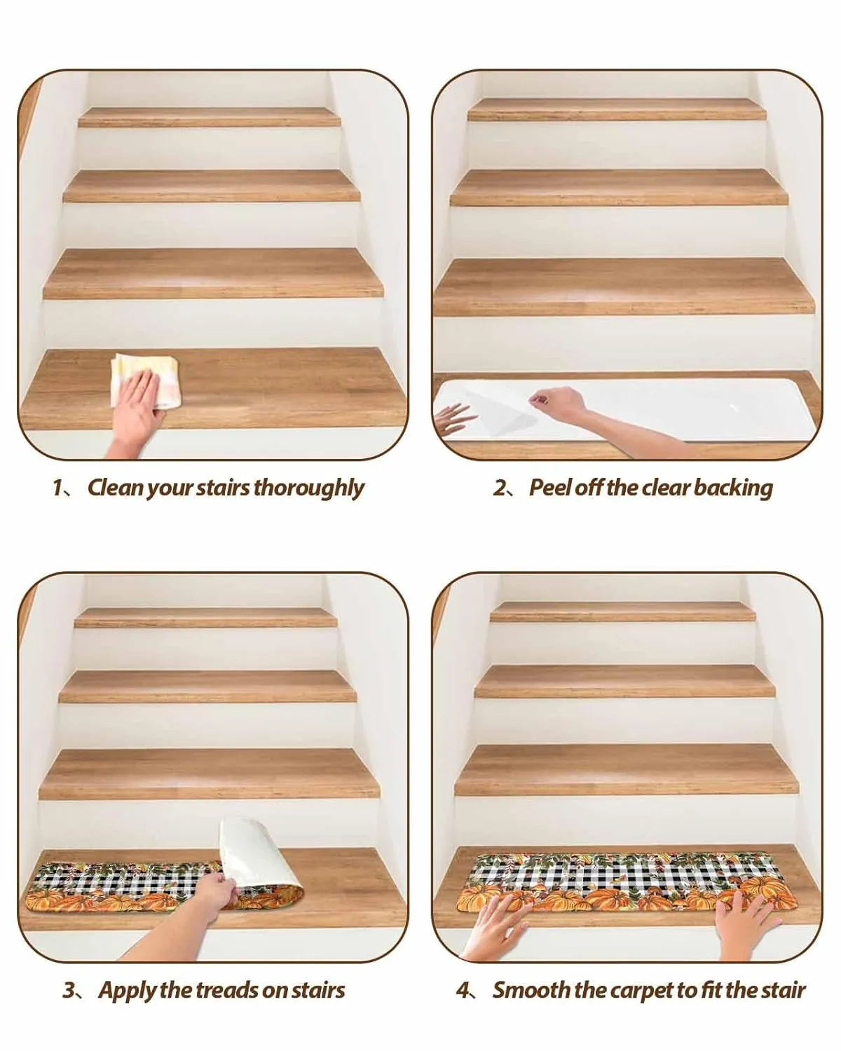 Fall Stair Treads Non Slip Indoor Stair Runner Set of 10 Carpet Stair Treads for Wooden Steps 30"x8" Autumn Pumpkin Mushtoom Leaf Check Black White Stair Carpet Treads for Dog, Kid, Elder