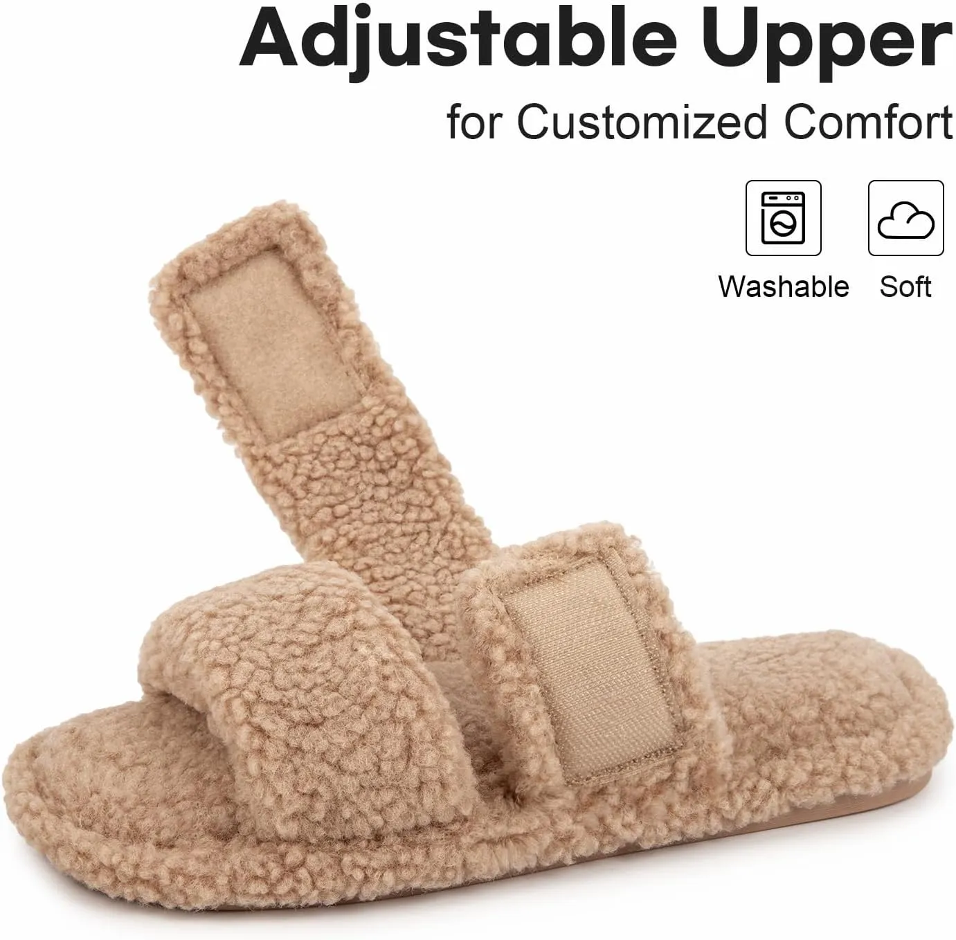 FamilyFairy Open Toe Slippers for Women Adjustable Memory Foam House Shoes Faux Fur Fuzzy Slide Sandals Non Slip Washable