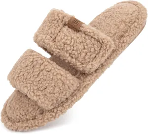 FamilyFairy Open Toe Slippers for Women Adjustable Memory Foam House Shoes Faux Fur Fuzzy Slide Sandals Non Slip Washable
