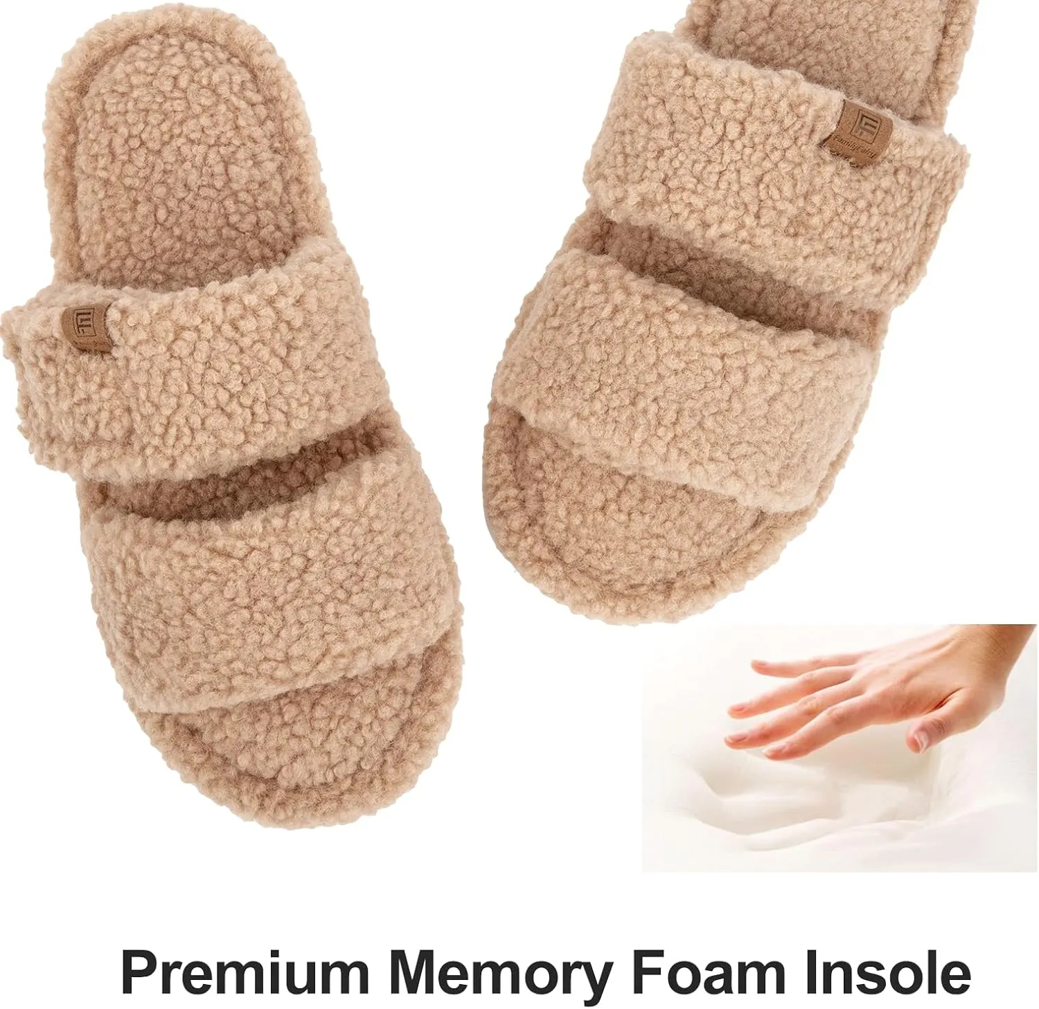 FamilyFairy Open Toe Slippers for Women Adjustable Memory Foam House Shoes Faux Fur Fuzzy Slide Sandals Non Slip Washable
