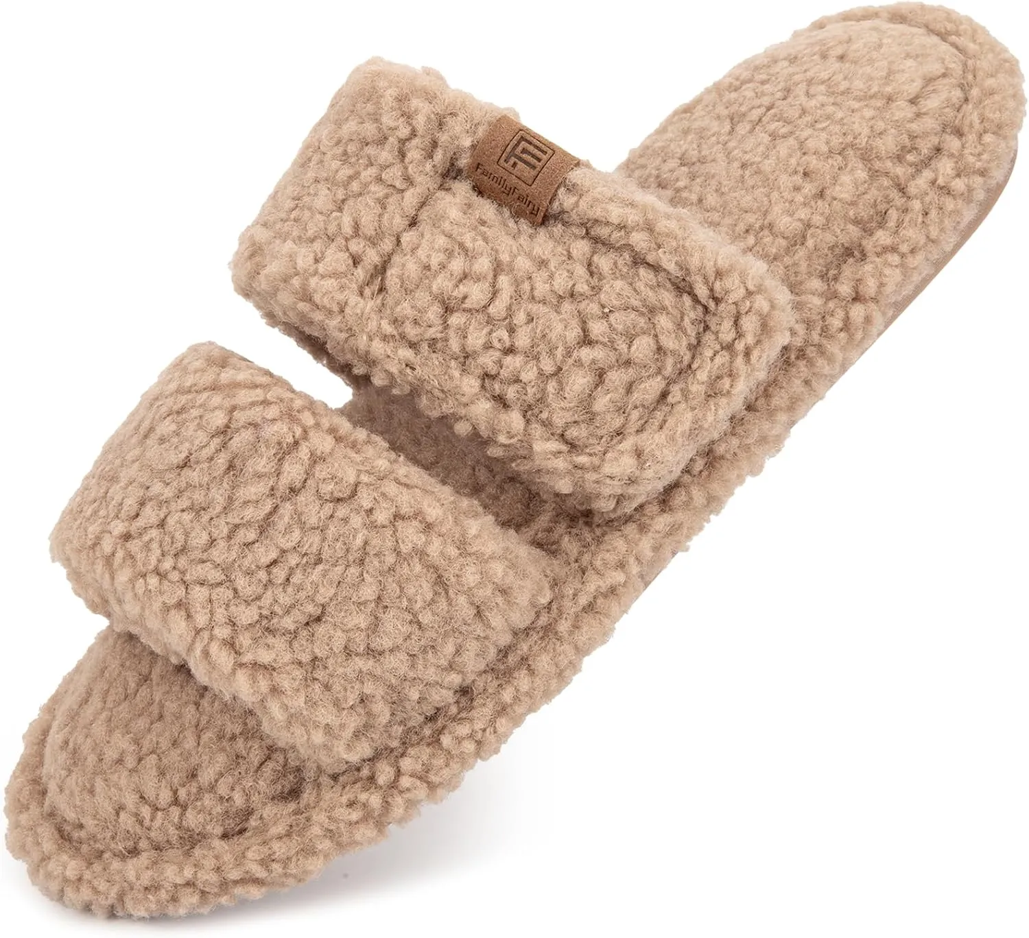FamilyFairy Open Toe Slippers for Women Adjustable Memory Foam House Shoes Faux Fur Fuzzy Slide Sandals Non Slip Washable