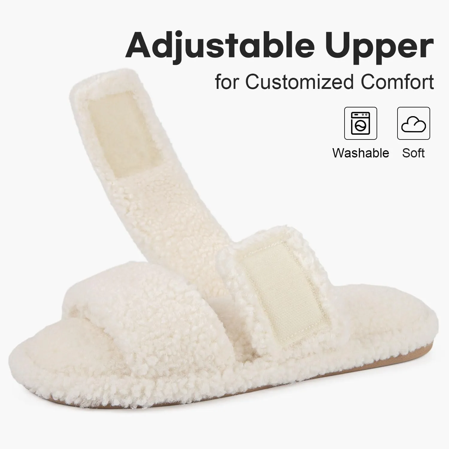 FamilyFairy Open Toe Slippers for Women Adjustable Memory Foam House Shoes Faux Fur Fuzzy Slide Sandals Non Slip Washable