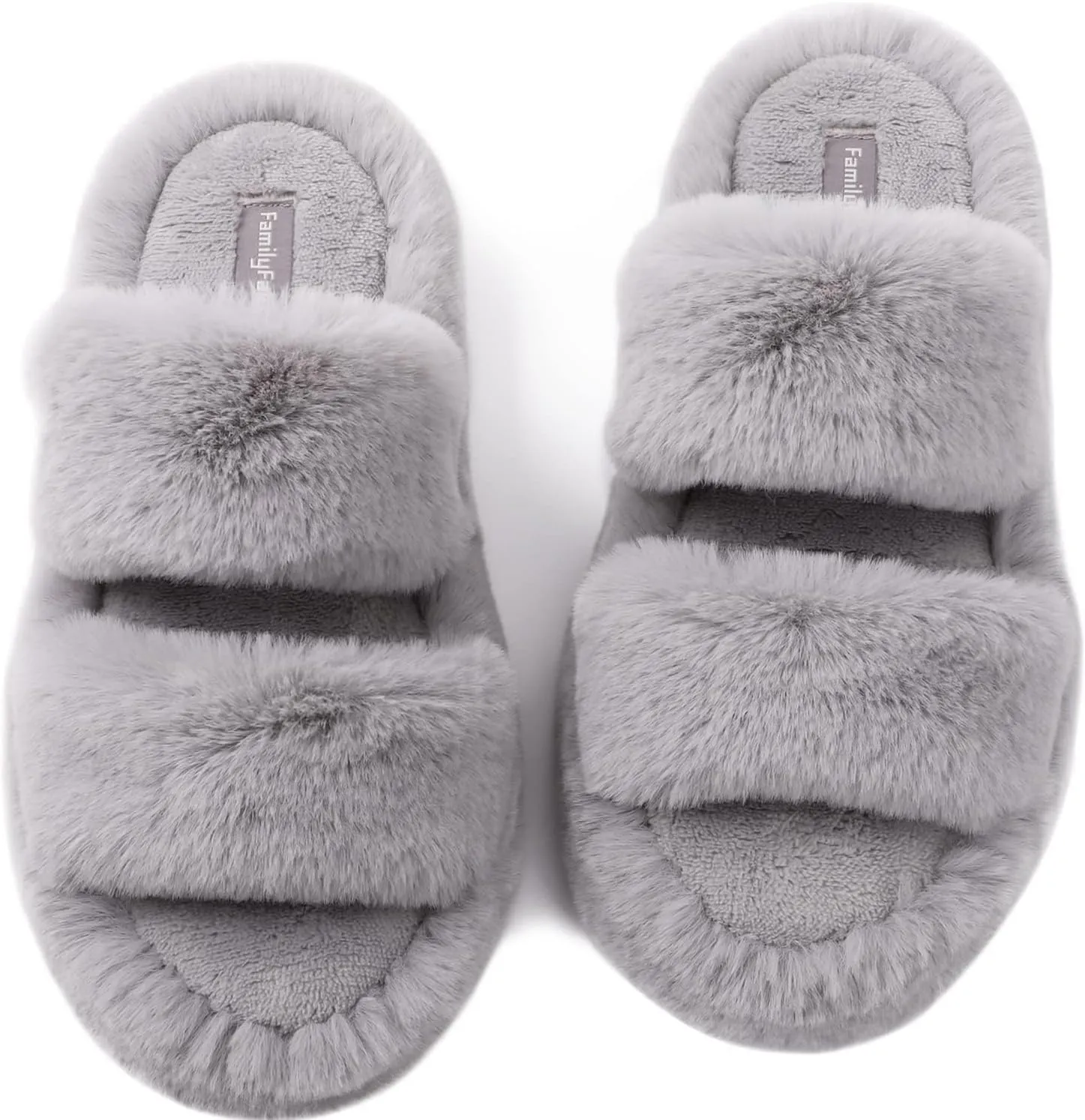 FamilyFairy Women's Fluffy Faux Fur Slippers Comfy Open Toe Two Band Slides with Fleece Lining and Rubber Sole