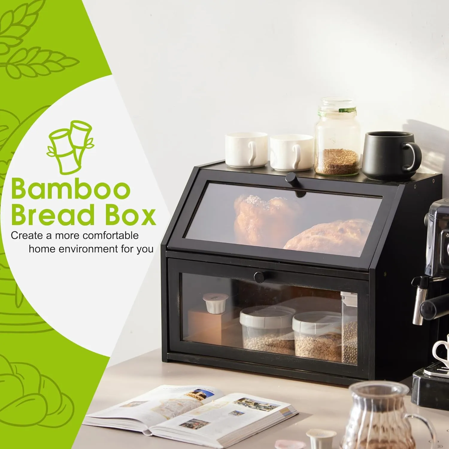 Farmhouse Bread Box for Kitchen Countertop Bread box Double Layer Bamboo Wooden Extra Large Capacity Bin Kitchen Food Storage Container(Black)