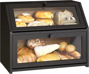 Farmhouse Bread Box for Kitchen Countertop Bread box Double Layer Bamboo Wooden Extra Large Capacity Bin Kitchen Food Storage Container(Black)