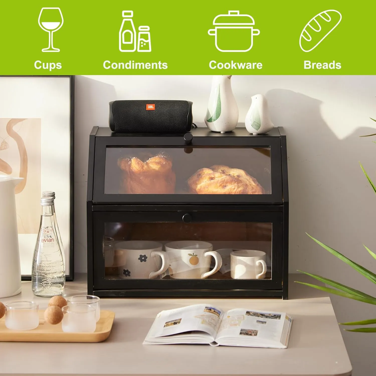 Farmhouse Bread Box for Kitchen Countertop Bread box Double Layer Bamboo Wooden Extra Large Capacity Bin Kitchen Food Storage Container(Black)