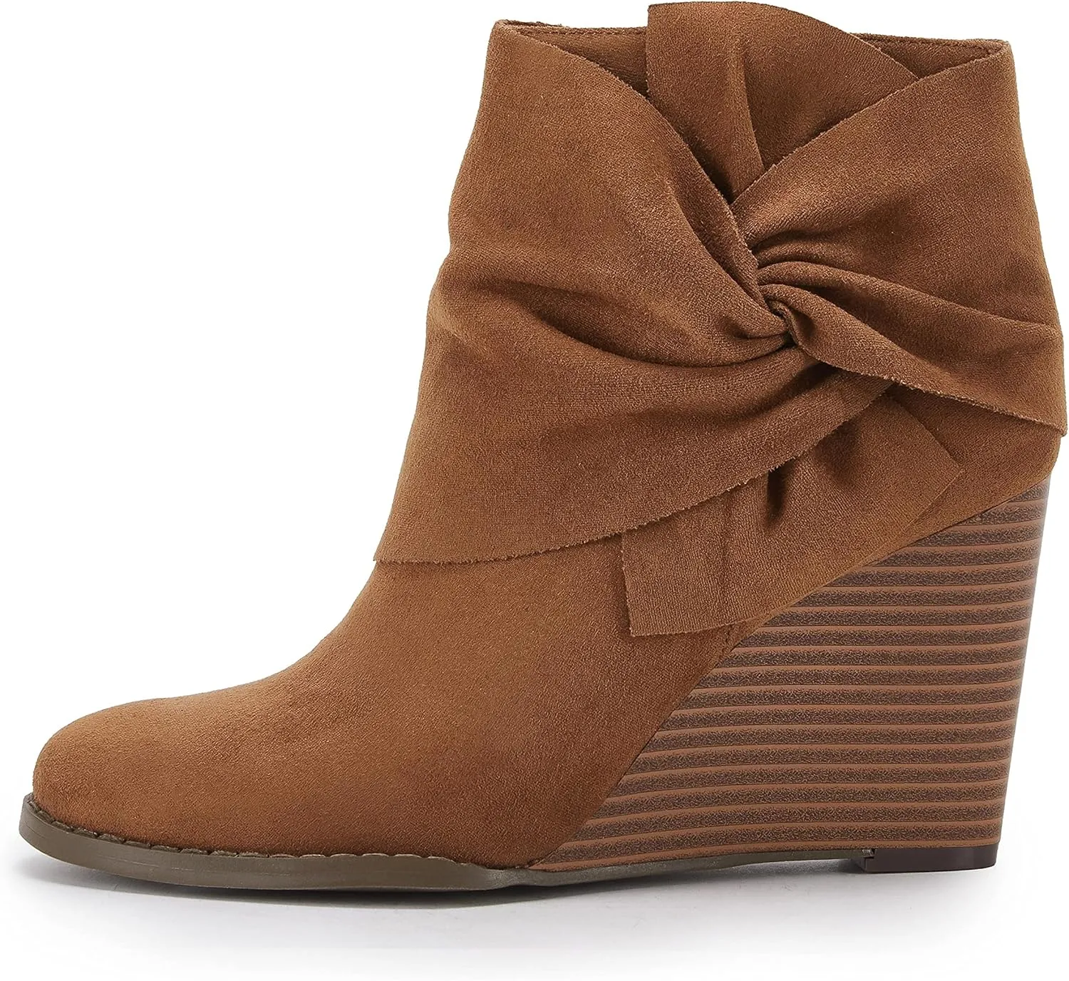 Fashare Womens Wedge Booties Ankle Heels Boots Bow Knot Stacked Heeled Winter Dress Shoes