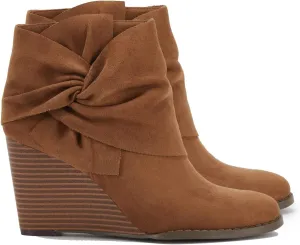 Fashare Womens Wedge Booties Ankle Heels Boots Bow Knot Stacked Heeled Winter Dress Shoes