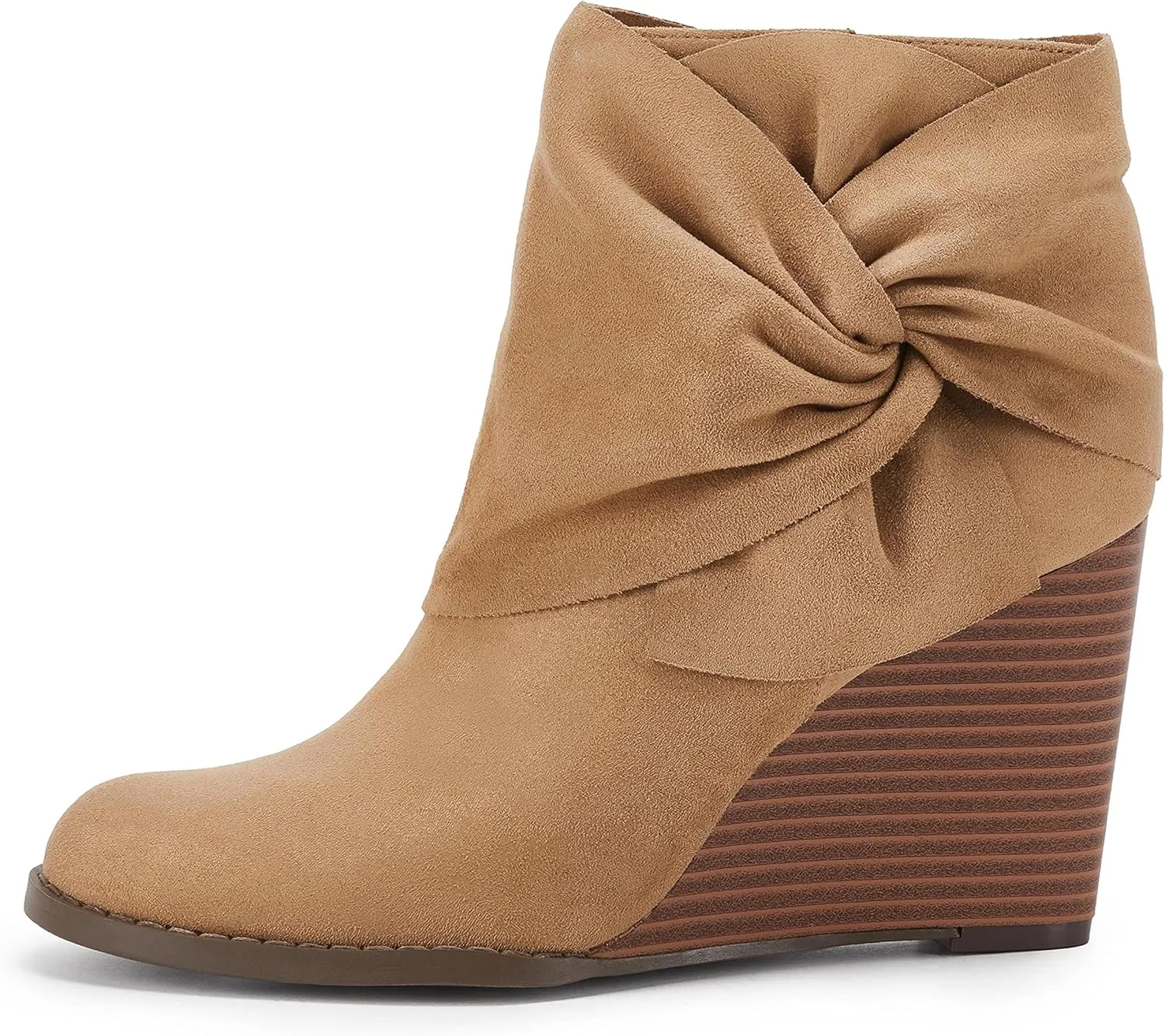 Fashare Womens Wedge Booties Ankle Heels Boots Bow Knot Stacked Heeled Winter Dress Shoes