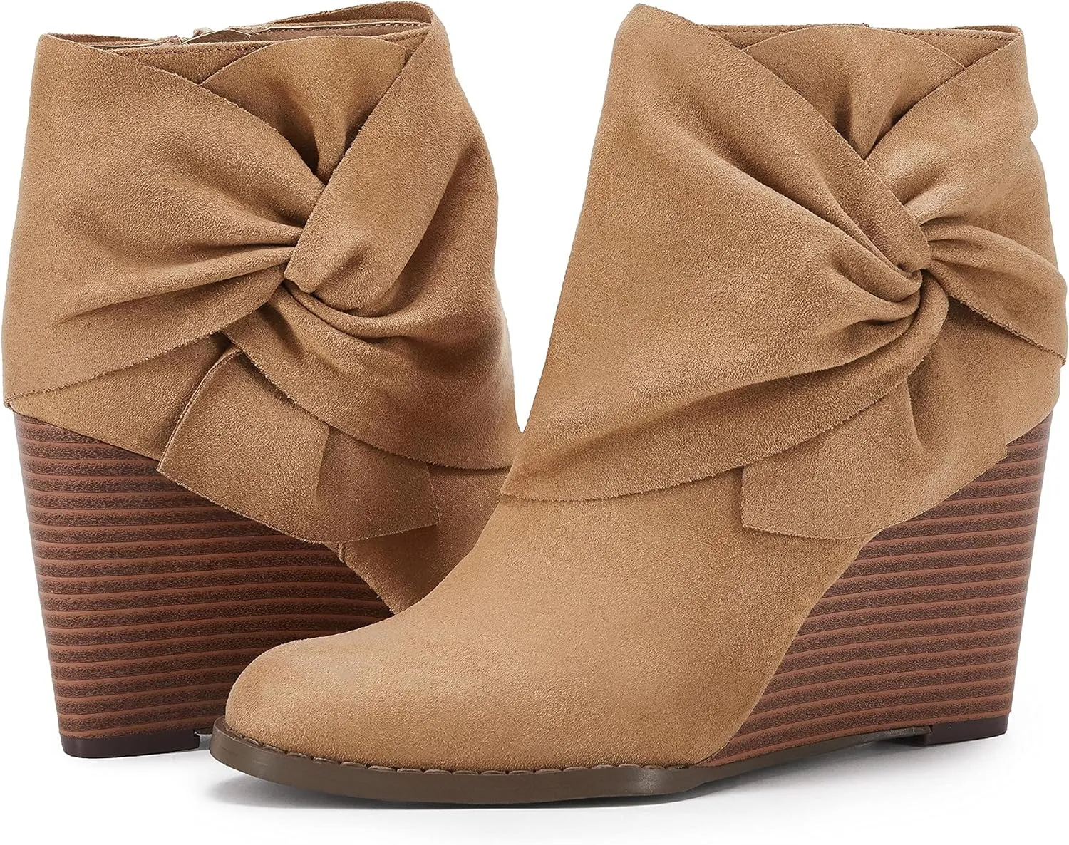 Fashare Womens Wedge Booties Ankle Heels Boots Bow Knot Stacked Heeled Winter Dress Shoes