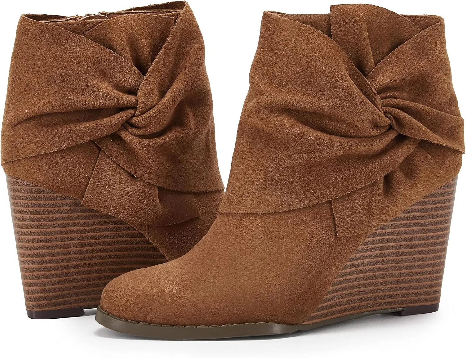 Fashare Womens Wedge Booties Ankle Heels Boots Bow Knot Stacked Heeled Winter Dress Shoes