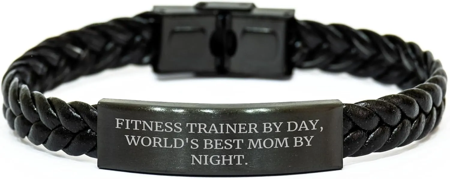 Fitness Trainer Gifts By Day, Fitness Trainer's Best Mom By Night Interlaced Leather Bracelet for Birthday, Funny Quote, Stainless Steel and PU Leather, 7.87 inches Long