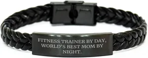 Fitness Trainer Gifts By Day, Fitness Trainer's Best Mom By Night Interlaced Leather Bracelet for Birthday, Funny Quote, Stainless Steel and PU Leather, 7.87 inches Long