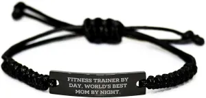 Fitness Trainer Rope Bracelet, Funny Quote 'Fitness Trainer By Day, World's Best Mom By Night.', Adjustable Black Rope, Gifts from Men to Fitness Trainers on Father's Day
