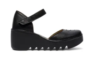 Fly London Women's Black BISO305FLY Mousse Leather Wedge Sandals
