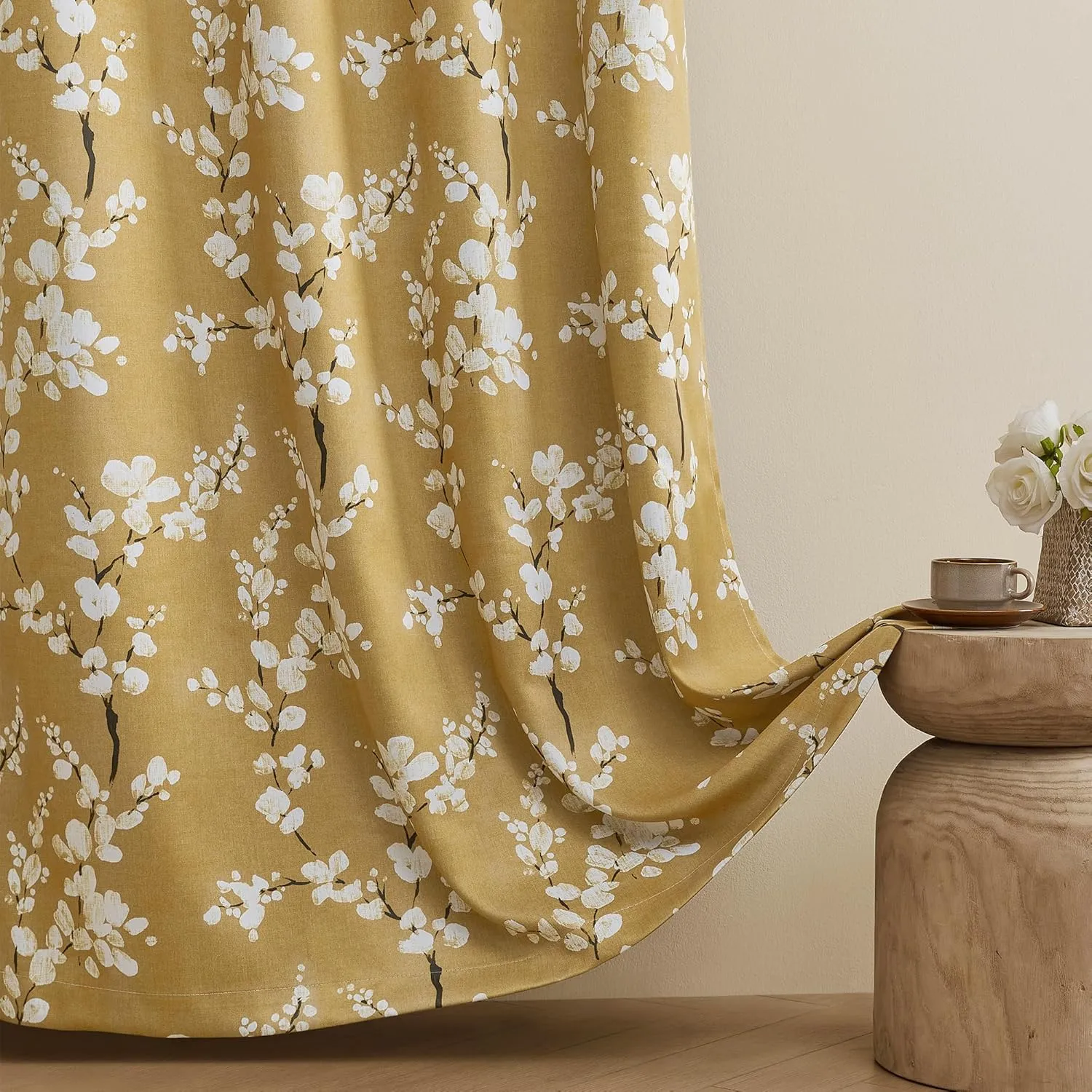 FMFUNCTEX 100% Blackout Floral Curtains for Bedroom, Mustard Yellow Curtain 63 inch Length Blossom Patterned for Living Room, Thermal Insulated Farmhouse Drapes, Grommet Top 2 Panels (White on Yellow)