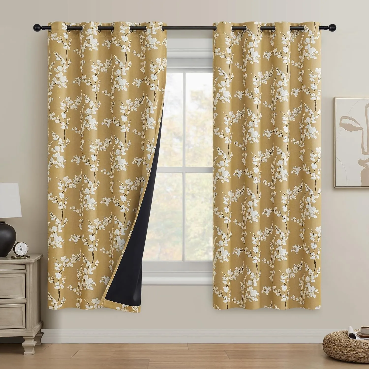 FMFUNCTEX 100% Blackout Floral Curtains for Bedroom, Mustard Yellow Curtain 63 inch Length Blossom Patterned for Living Room, Thermal Insulated Farmhouse Drapes, Grommet Top 2 Panels (White on Yellow)