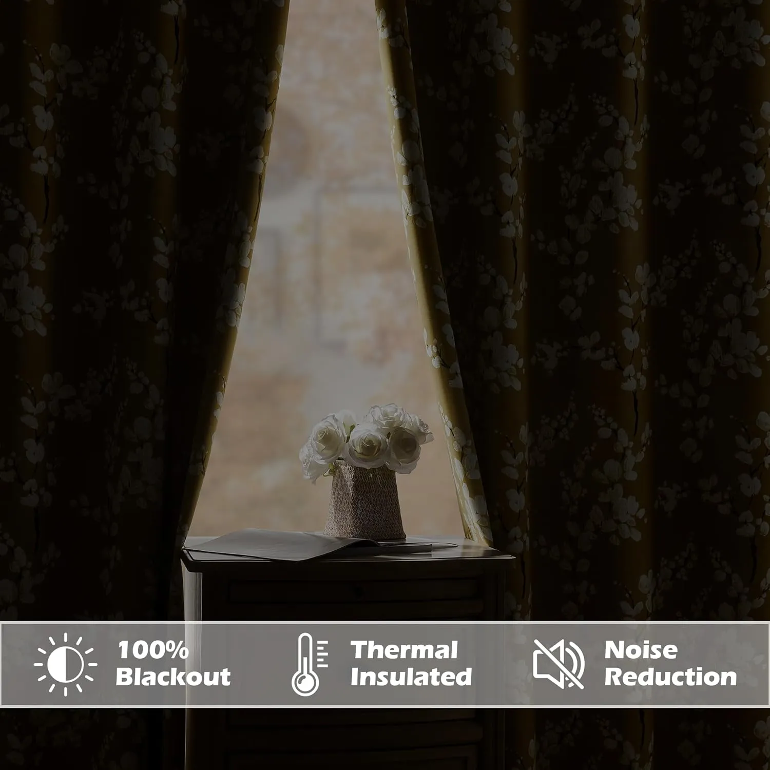 FMFUNCTEX 100% Blackout Floral Curtains for Bedroom, Mustard Yellow Curtain 63 inch Length Blossom Patterned for Living Room, Thermal Insulated Farmhouse Drapes, Grommet Top 2 Panels (White on Yellow)