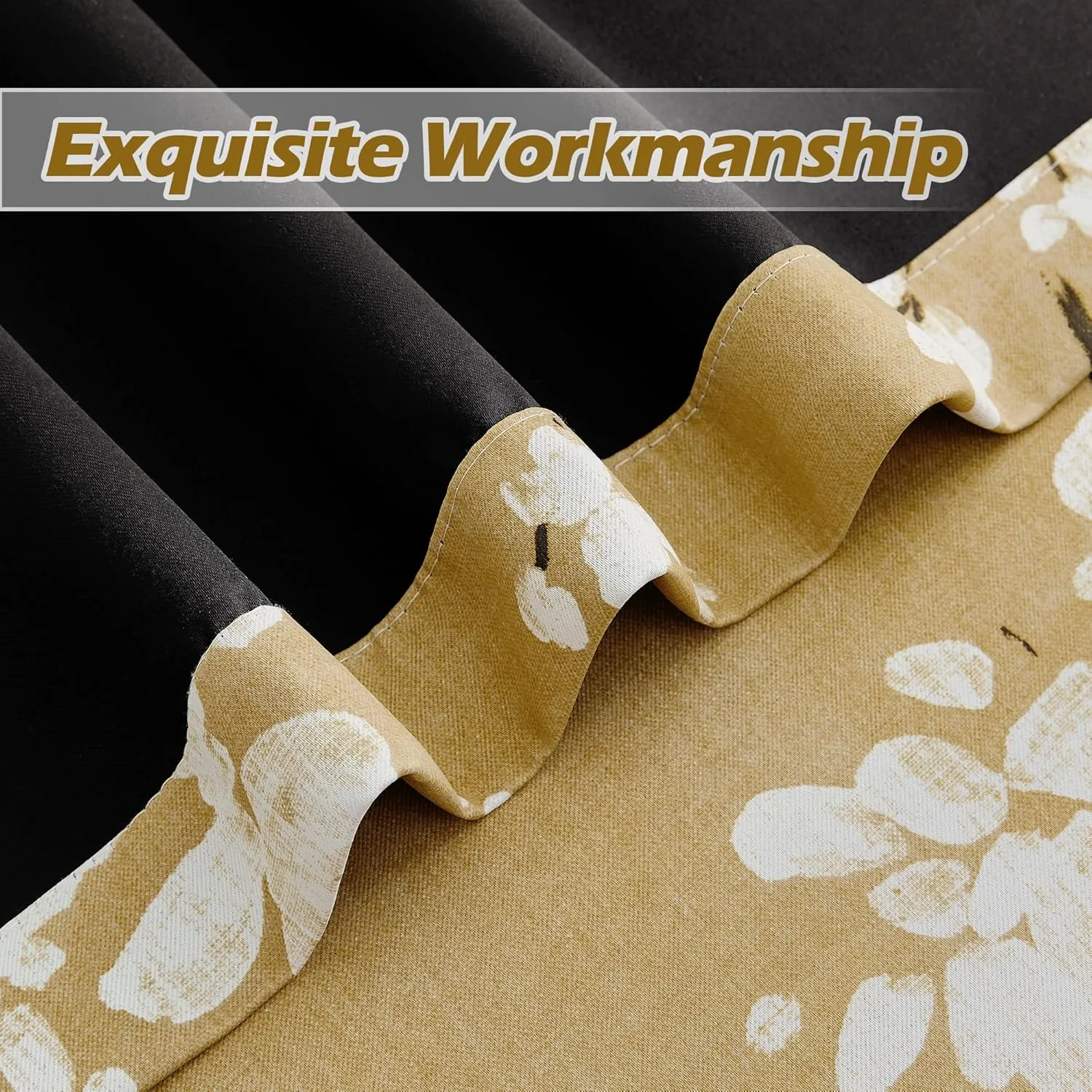 FMFUNCTEX 100% Blackout Floral Curtains for Bedroom, Mustard Yellow Curtain 63 inch Length Blossom Patterned for Living Room, Thermal Insulated Farmhouse Drapes, Grommet Top 2 Panels (White on Yellow)