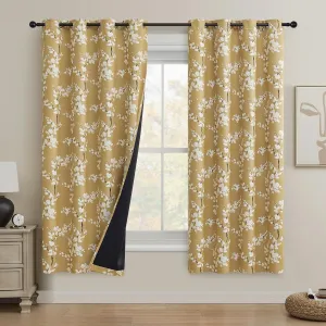 FMFUNCTEX 100% Blackout Floral Curtains for Bedroom, Mustard Yellow Curtain 63 inch Length Blossom Patterned for Living Room, Thermal Insulated Farmhouse Drapes, Grommet Top 2 Panels (White on Yellow)