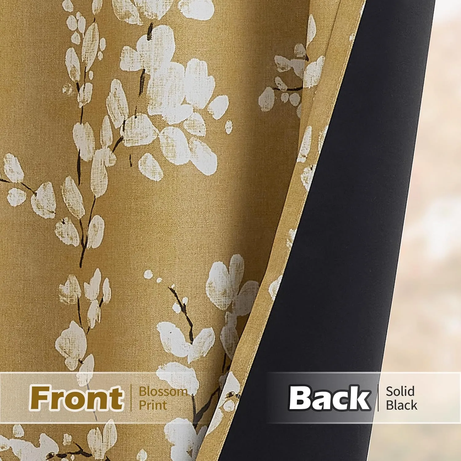 FMFUNCTEX 100% Blackout Floral Curtains for Bedroom, Mustard Yellow Curtain 63 inch Length Blossom Patterned for Living Room, Thermal Insulated Farmhouse Drapes, Grommet Top 2 Panels (White on Yellow)