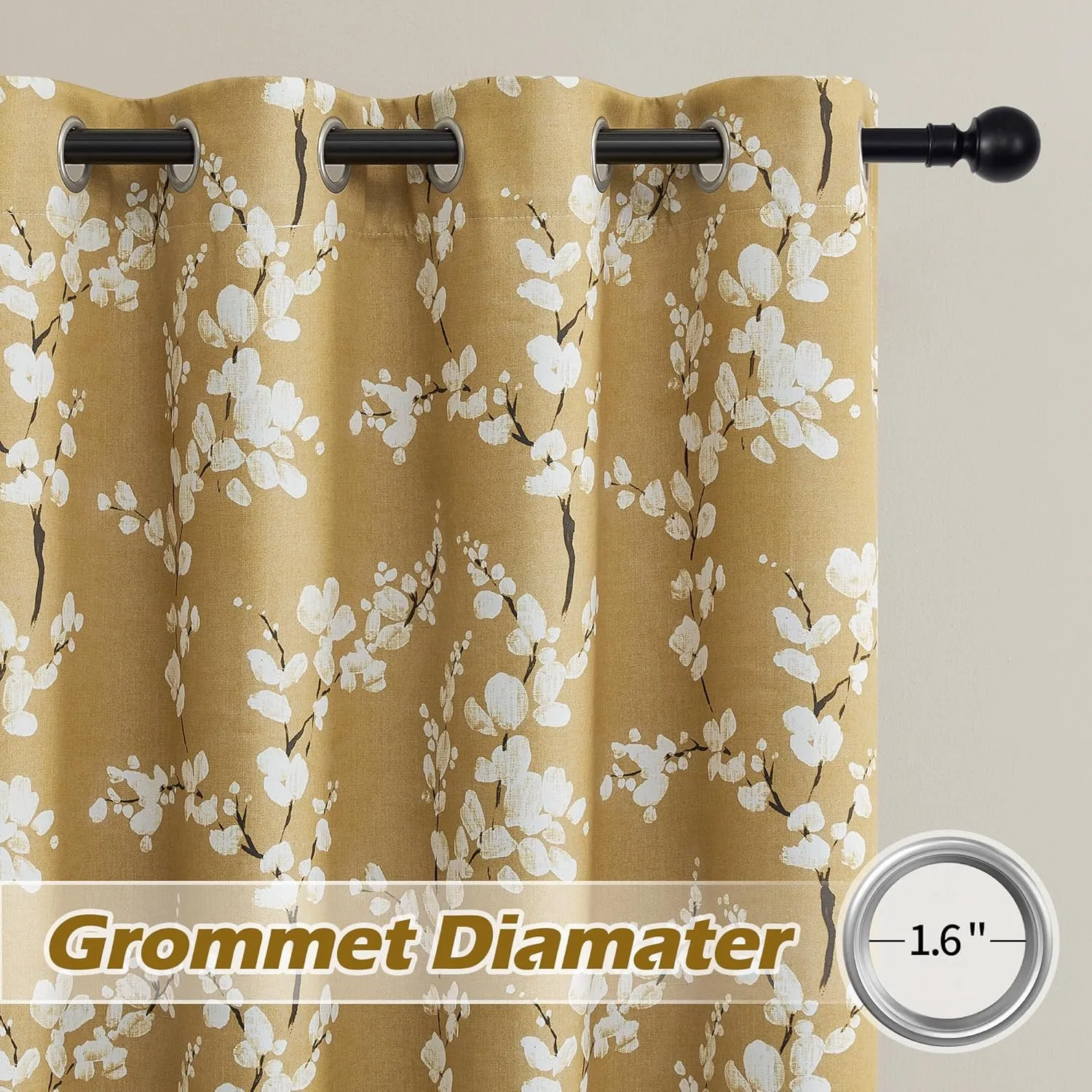 FMFUNCTEX 100% Blackout Floral Curtains for Bedroom, Mustard Yellow Curtain 63 inch Length Blossom Patterned for Living Room, Thermal Insulated Farmhouse Drapes, Grommet Top 2 Panels (White on Yellow)
