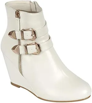 Forever Link Women's Ankle Strappy Buckle Zipper Wrapped Wedge Ankle Bootie