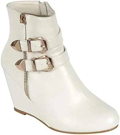 Forever Link Women's Ankle Strappy Buckle Zipper Wrapped Wedge Ankle Bootie