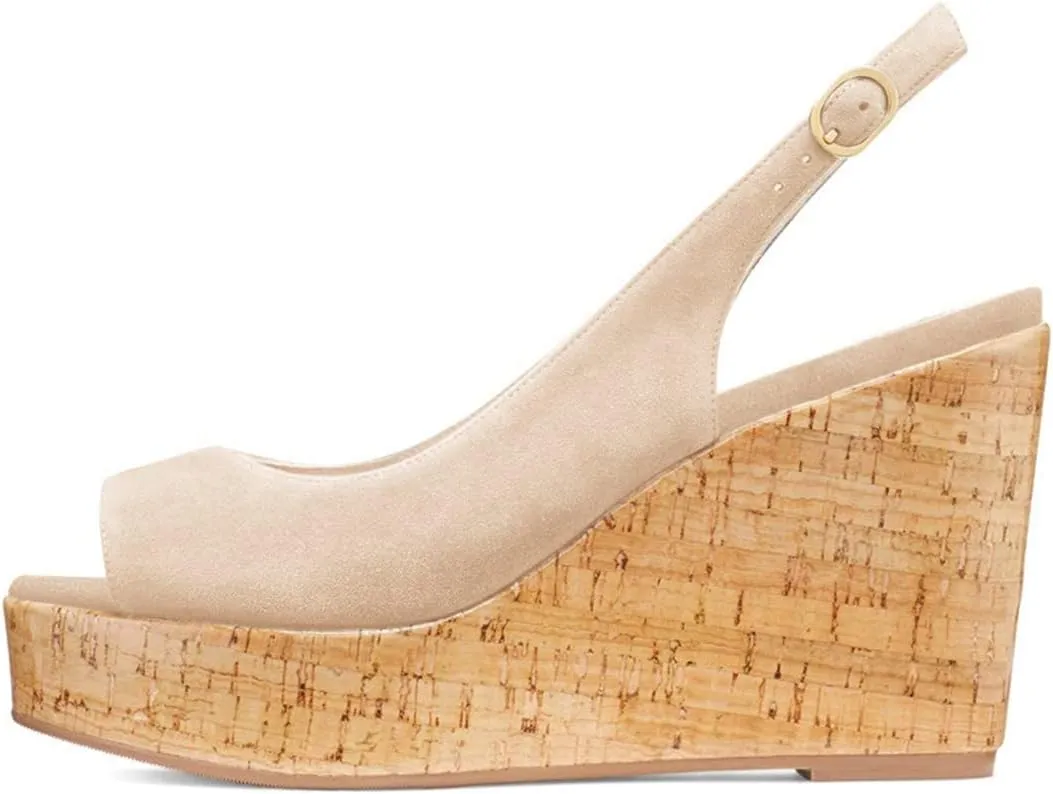 FOWT Women Peep Toe Slingback Platform Wedge Sandals High Heel Buckle Open Toe Ladies Summer Cork Sole Shoes Size 4-15 M US