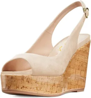 FOWT Women Peep Toe Slingback Platform Wedge Sandals High Heel Buckle Open Toe Ladies Summer Cork Sole Shoes Size 4-15 M US