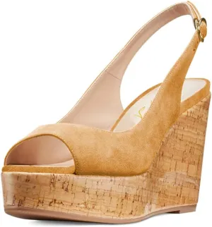 FOWT Women Peep Toe Slingback Platform Wedge Sandals High Heel Buckle Open Toe Ladies Summer Cork Sole Shoes Size 4-15 M US