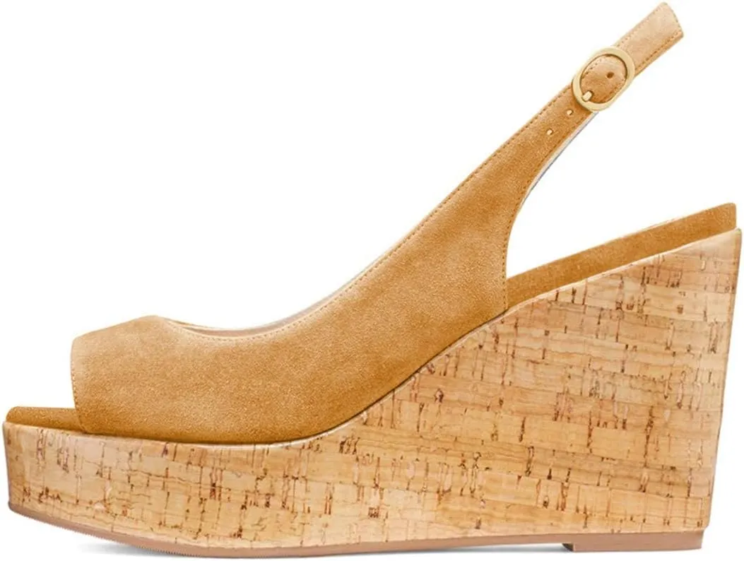 FOWT Women Peep Toe Slingback Platform Wedge Sandals High Heel Buckle Open Toe Ladies Summer Cork Sole Shoes Size 4-15 M US