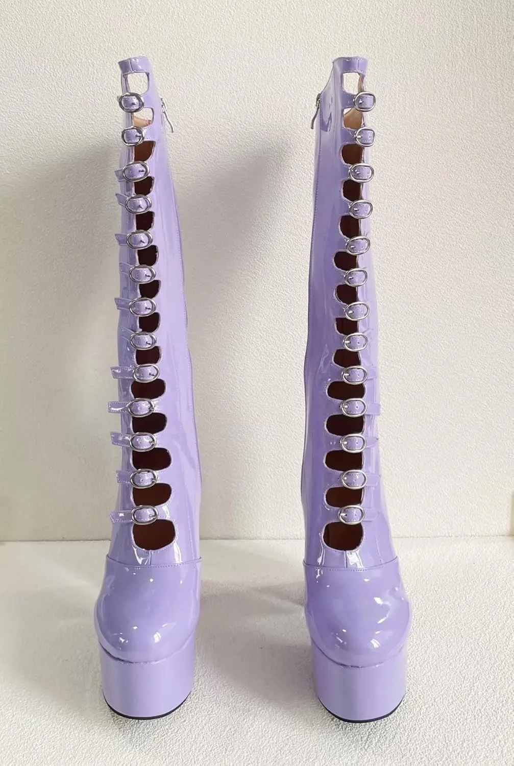 Frankie Hsu Gothic Lolita Women's Large Big Size Buckle Strap Purple Patent Leather Platform Chunky Block Heels Knee High Heeled Boots