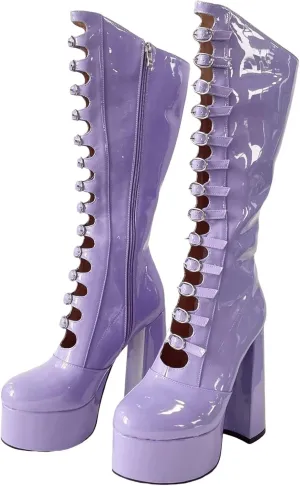 Frankie Hsu Gothic Lolita Women's Large Big Size Buckle Strap Purple Patent Leather Platform Chunky Block Heels Knee High Heeled Boots