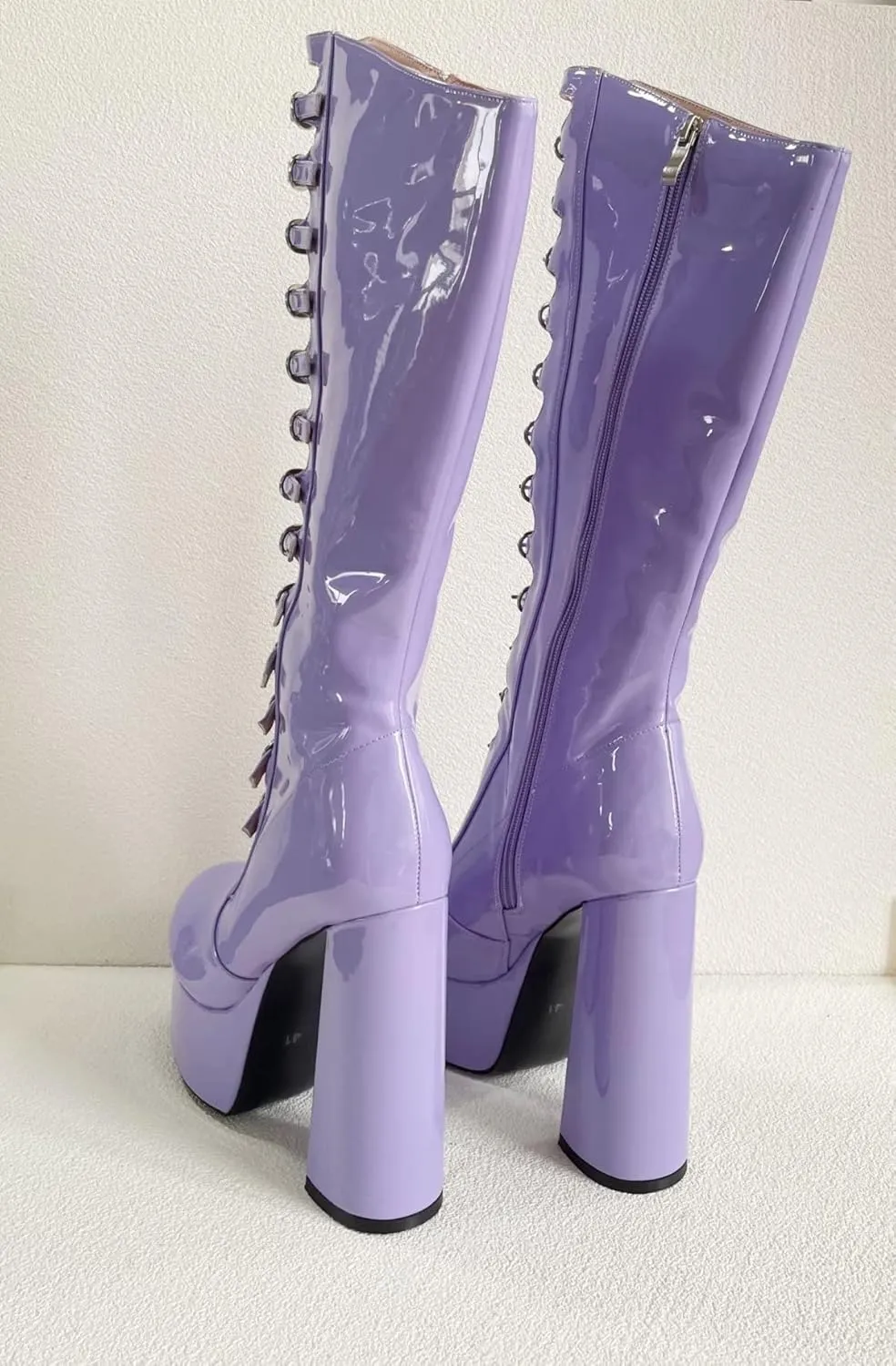 Frankie Hsu Gothic Lolita Women's Large Big Size Buckle Strap Purple Patent Leather Platform Chunky Block Heels Knee High Heeled Boots