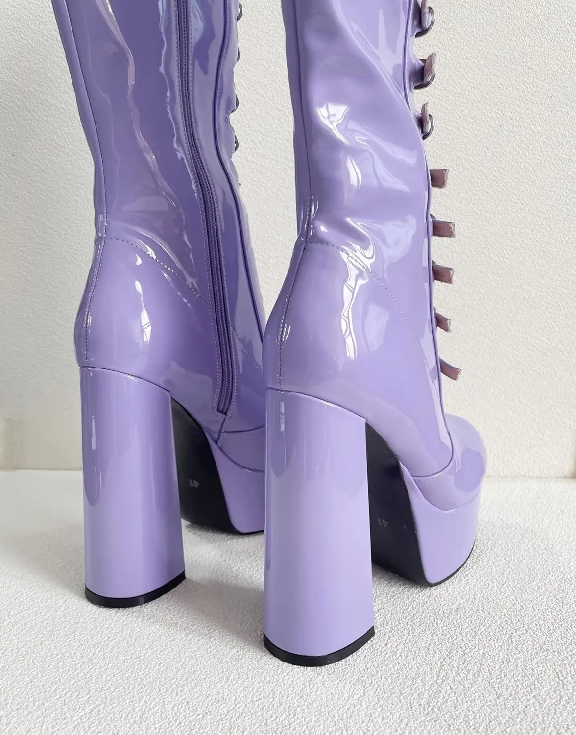 Frankie Hsu Gothic Lolita Women's Large Big Size Buckle Strap Purple Patent Leather Platform Chunky Block Heels Knee High Heeled Boots