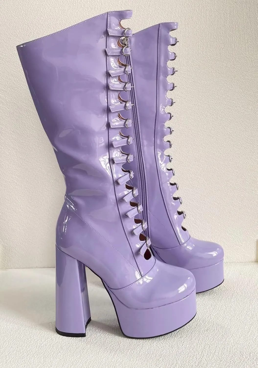 Frankie Hsu Gothic Lolita Women's Large Big Size Buckle Strap Purple Patent Leather Platform Chunky Block Heels Knee High Heeled Boots