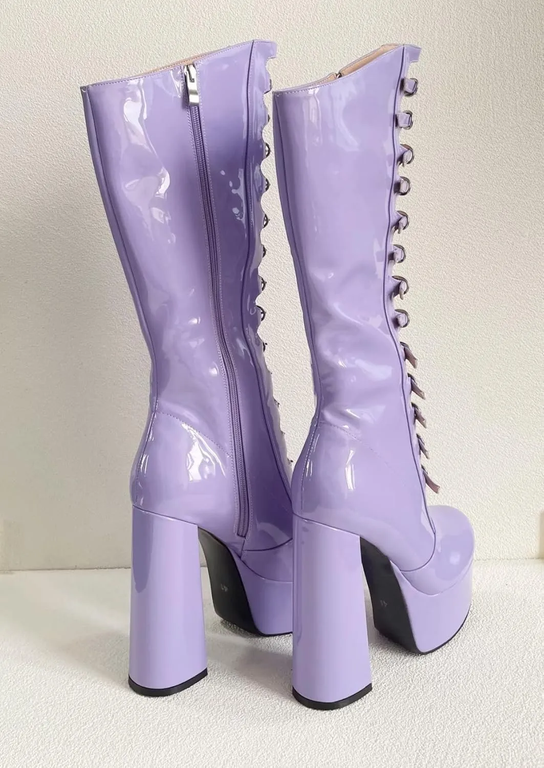 Frankie Hsu Gothic Lolita Women's Large Big Size Buckle Strap Purple Patent Leather Platform Chunky Block Heels Knee High Heeled Boots