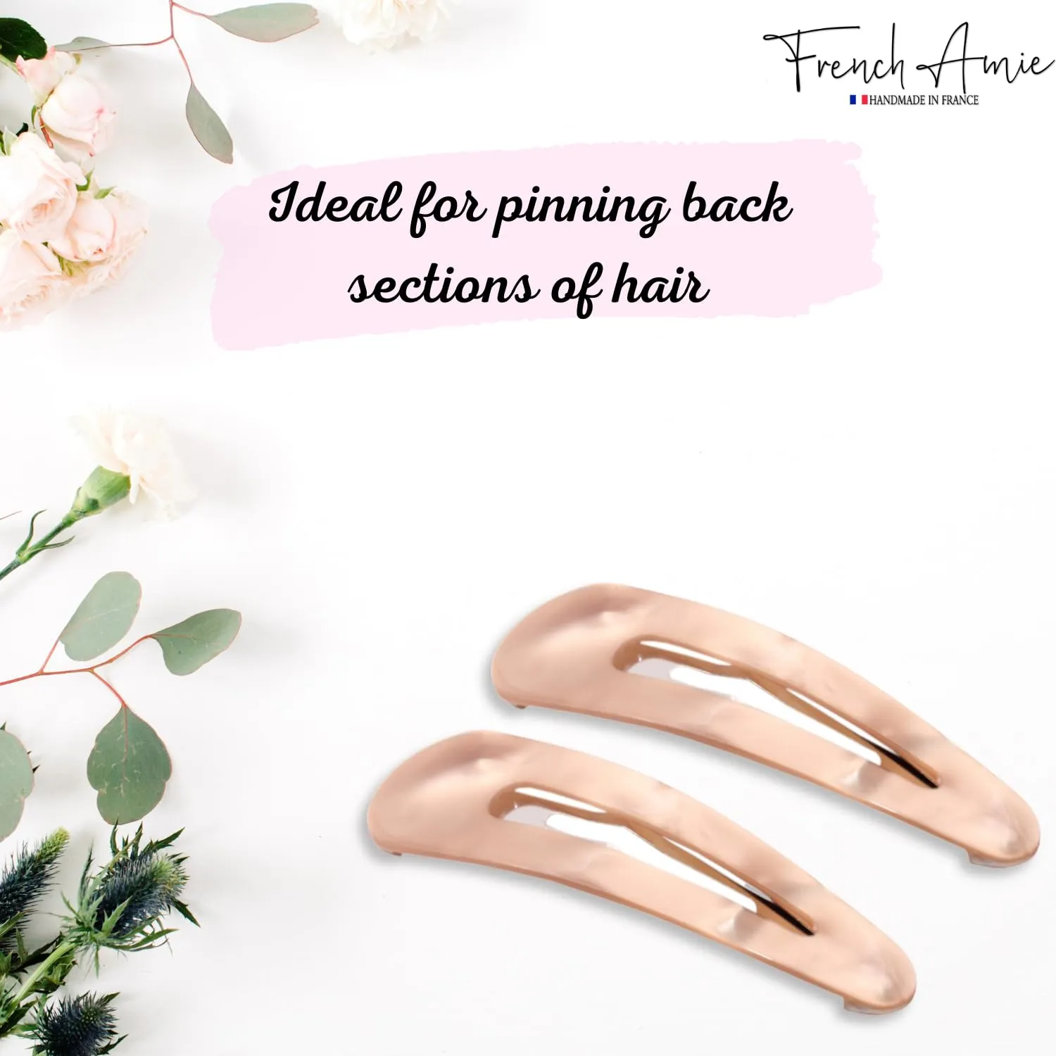 French Amie Clic Clac Large Handmade Celluloid Acetate Set of 2 Snap Hair Clips No Slip Side Slide-in Barrette for Women and Girls (Glossy Golden)