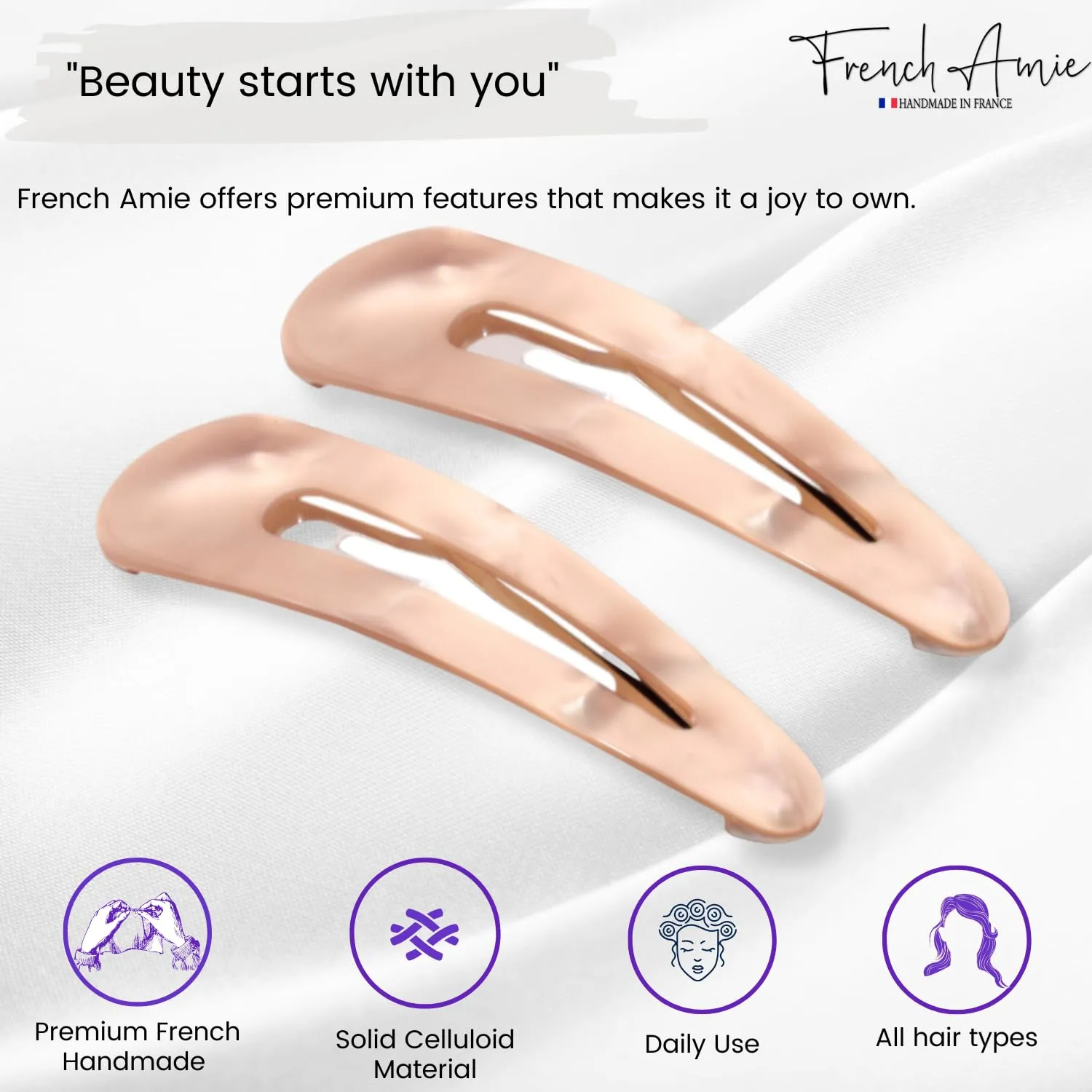 French Amie Clic Clac Large Handmade Celluloid Acetate Set of 2 Snap Hair Clips No Slip Side Slide-in Barrette for Women and Girls (Glossy Golden)
