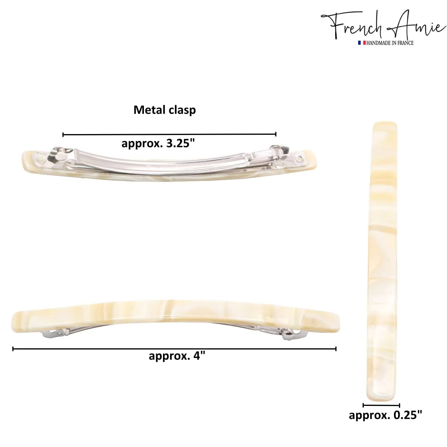 French Amie Long and Thin Large 4" Handmade Celluloid Hair Barrette Clip for Girls Automatic Strong Hold Hair Clips for Women No Slip Durable Paris Hair Accessories, Made in France (Cream Nougat)