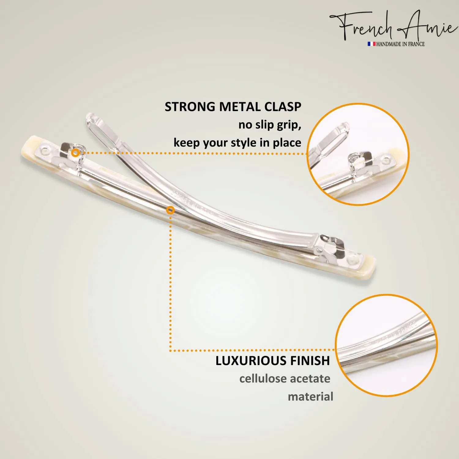 French Amie Long and Thin Large 4" Handmade Celluloid Hair Barrette Clip for Girls Automatic Strong Hold Hair Clips for Women No Slip Durable Paris Hair Accessories, Made in France (Cream Nougat)
