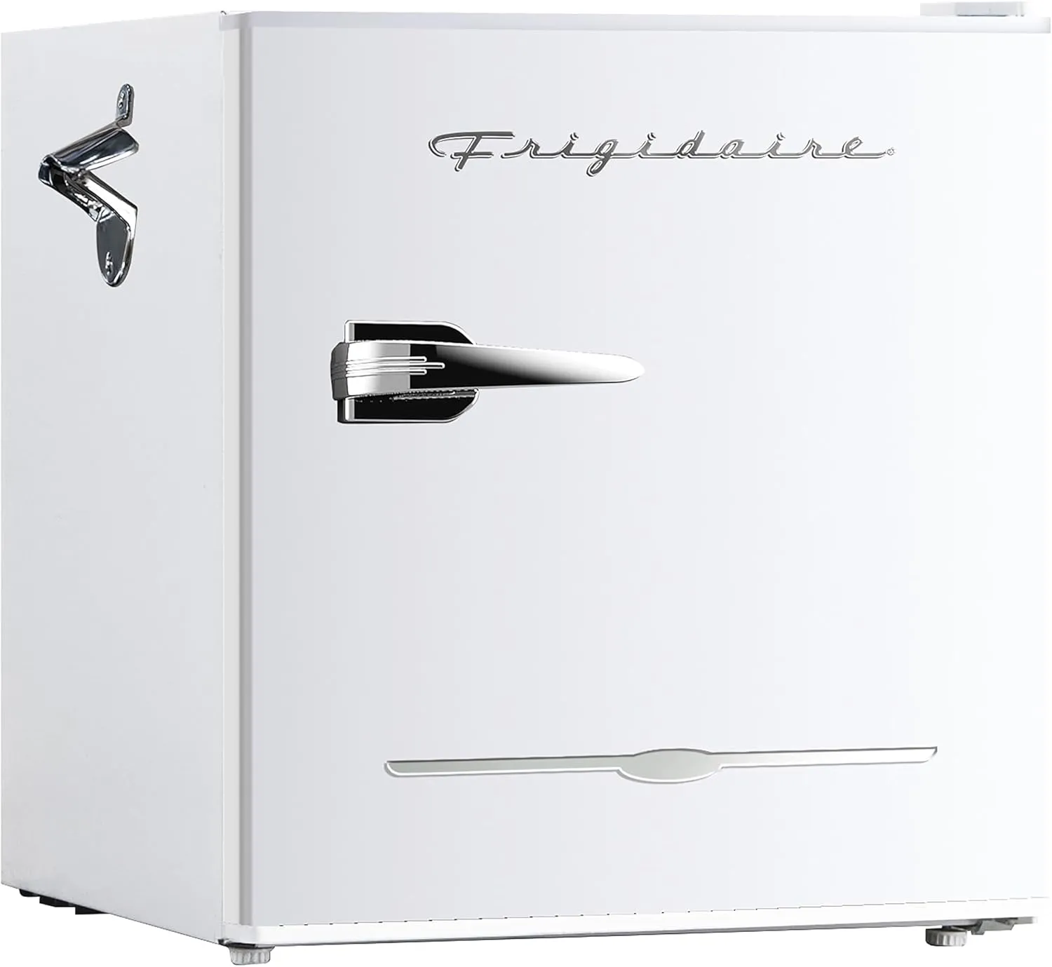Frigidaire Retro Compact Fridge with Chiller, Countertop, Built-In Bottle Opener, Compact Refrigerator 1.6 cu ft, Mini Fridge for Office, Bedroom, Dorm Room or Cabin - 16" D x 18" W x 18.5" H (White)