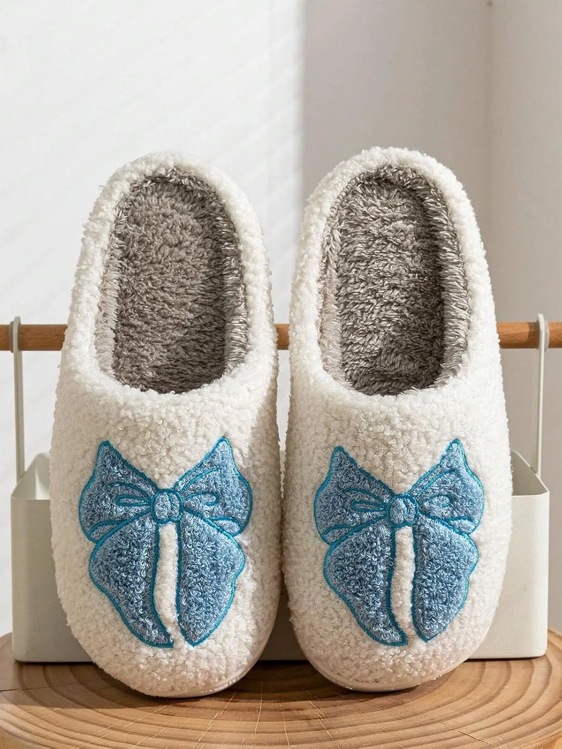 Fuzzy Cute Bow Slippers for Women Winter Warm Cozy House Slippers Plush Indoor Outdoor Shoes