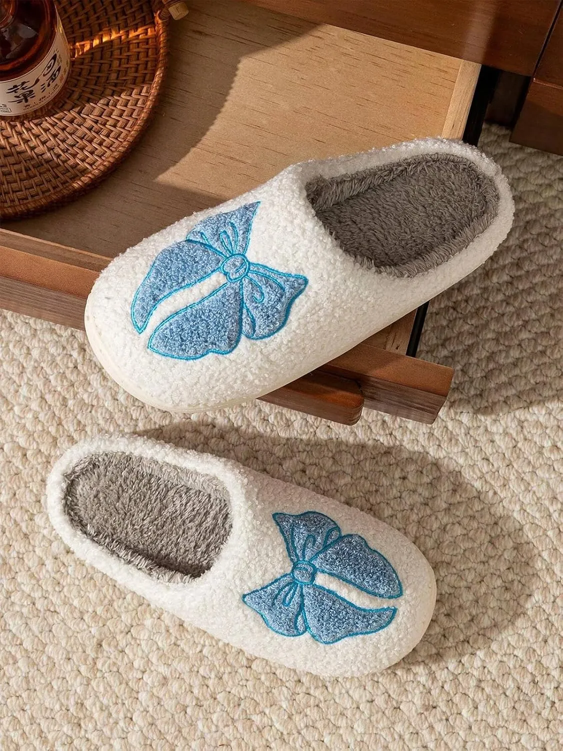 Fuzzy Cute Bow Slippers for Women Winter Warm Cozy House Slippers Plush Indoor Outdoor Shoes