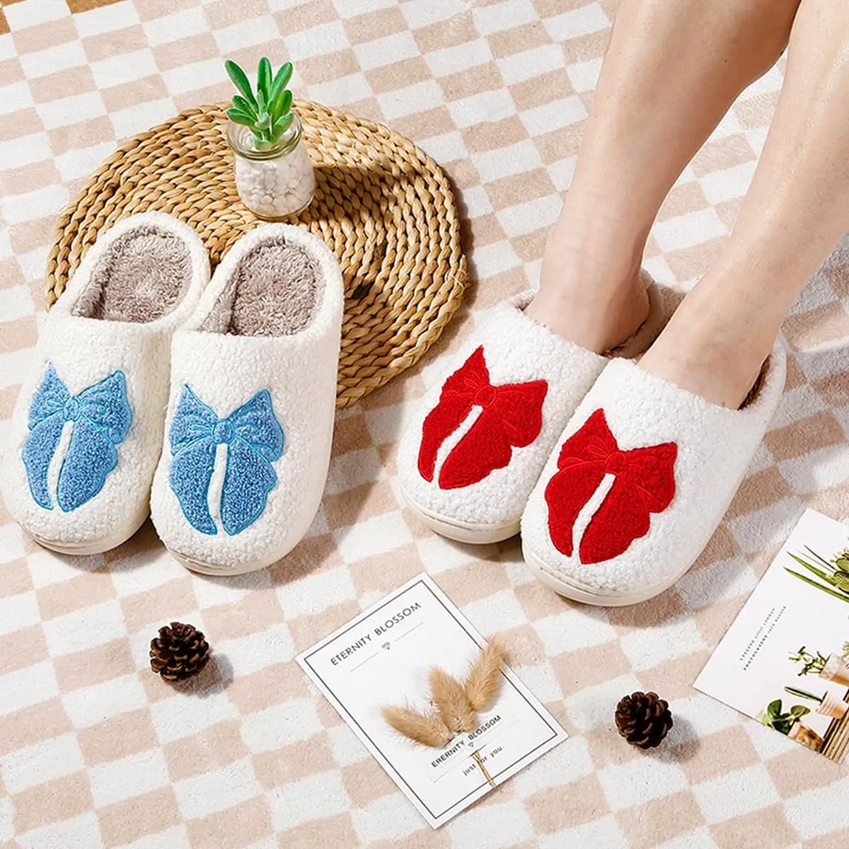 Fuzzy Cute Bow Slippers for Women Winter Warm Cozy House Slippers Plush Indoor Outdoor Shoes