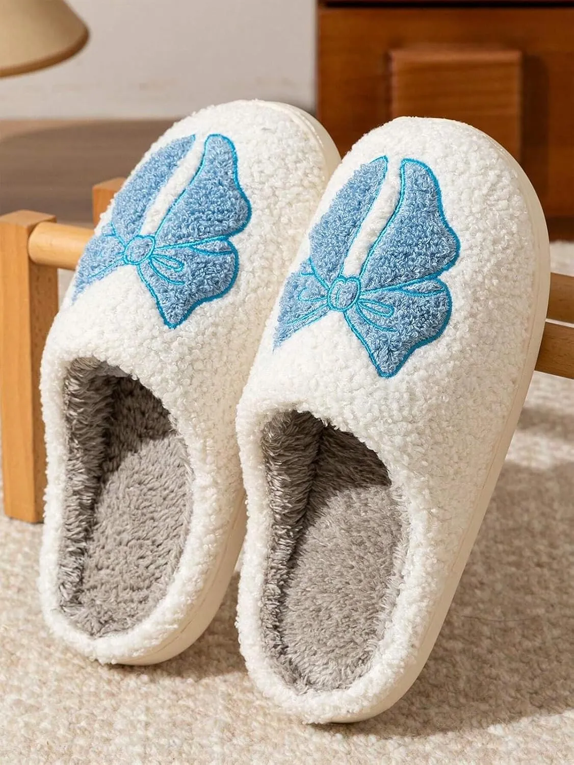 Fuzzy Cute Bow Slippers for Women Winter Warm Cozy House Slippers Plush Indoor Outdoor Shoes