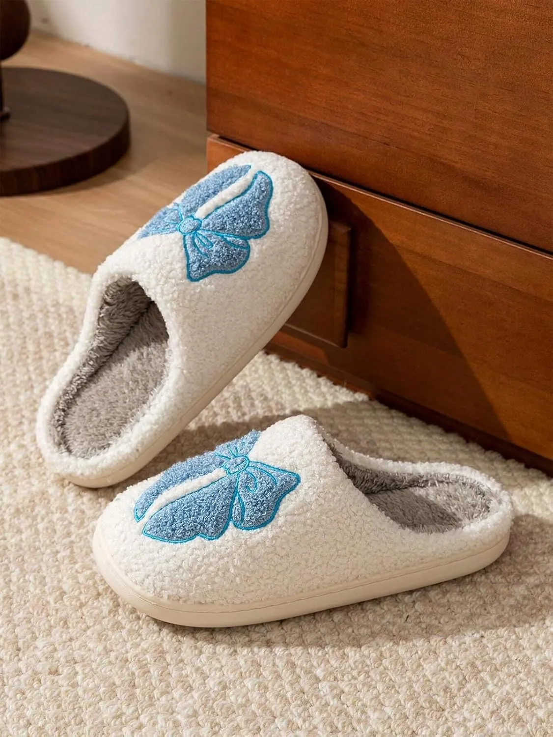 Fuzzy Cute Bow Slippers for Women Winter Warm Cozy House Slippers Plush Indoor Outdoor Shoes