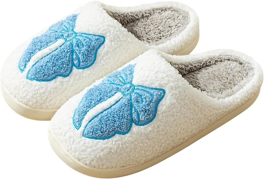 Fuzzy Cute Bow Slippers for Women Winter Warm Cozy House Slippers Plush Indoor Outdoor Shoes